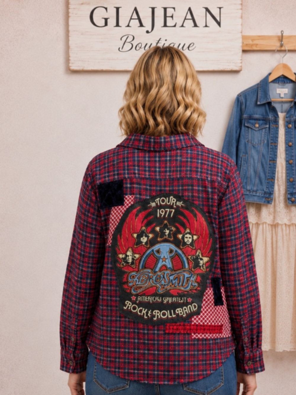 CUSTOM UPCYCLED FLANNEL TOP BAND SHIRT AEROSMITH